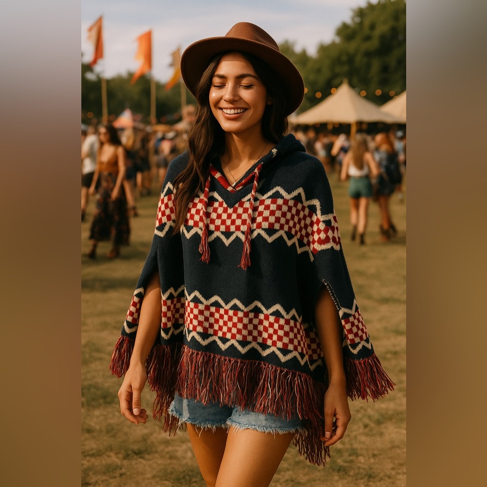Hazel Boho Fringe Poncho Hoodie Medium – Red Cream Navy Knit Southwestern